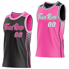 Load image into Gallery viewer, Custom Black Pink-White Side Panel Stripe Geometric Triangle Gradient Dot Reversible Double Side Sublimation Basketball Set Jersey
