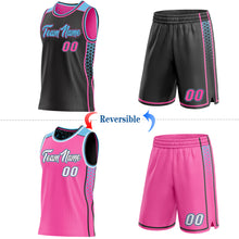Load image into Gallery viewer, Custom Black Pink-Sky Blue Side Panel Stripe Geometric Triangle Gradient Dot Reversible Double Side Sublimation Basketball Set Jersey
