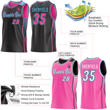 Load image into Gallery viewer, Custom Black Pink-Sky Blue Side Panel Stripe Geometric Triangle Gradient Dot Reversible Double Side Sublimation Basketball Set Jersey
