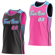 Load image into Gallery viewer, Custom Black Pink-Sky Blue Side Panel Stripe Geometric Triangle Gradient Dot Reversible Double Side Sublimation Basketball Set Jersey
