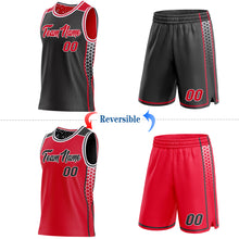 Charger l'image dans la galerie, Custom Black Red-White Side Panel Stripe Geometric Triangle Gradient Dot Reversible Double Side Sublimation Basketball Set Jersey
