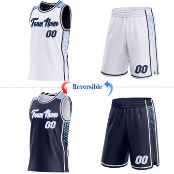 Custom White Navy-Light Blue Side Panel Stripe Geometric Triangle Gradient Dot Reversible Double Side Sublimation Basketball Set Jersey