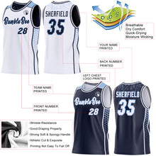 Laden Sie das Bild in den Galerie-Viewer, Custom White Navy-Light Blue Side Panel Stripe Geometric Triangle Gradient Dot Reversible Double Side Sublimation Basketball Set Jersey
