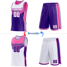 Load image into Gallery viewer, Custom White Purple-Pink Side Panel Stripe Geometric V-Cut Color Block Reversible Double Side Sublimation Basketball Set Jersey

