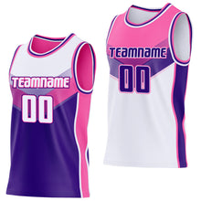Load image into Gallery viewer, Custom White Purple-Pink Side Panel Stripe Geometric V-Cut Color Block Reversible Double Side Sublimation Basketball Set Jersey
