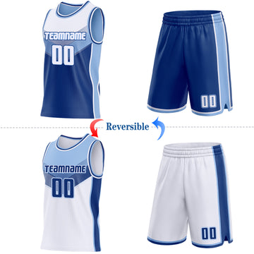 Custom White Royal-Light Blue Side Panel Stripe Geometric V-Cut Color Block Reversible Double Side Sublimation Basketball Set Jersey