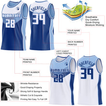 Загрузить изображение в средство просмотра галереи, Custom White Royal-Light Blue Side Panel Stripe Geometric V-Cut Color Block Reversible Double Side Sublimation Basketball Set Jersey
