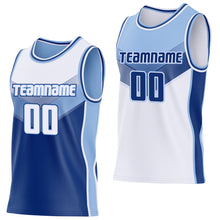 Загрузить изображение в средство просмотра галереи, Custom White Royal-Light Blue Side Panel Stripe Geometric V-Cut Color Block Reversible Double Side Sublimation Basketball Set Jersey
