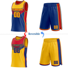Laden Sie das Bild in den Galerie-Viewer, Custom Gold Royal-Red Side Panel Stripe Geometric V-Cut Color Block Reversible Double Side Sublimation Basketball Set Jersey
