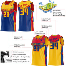 Laden Sie das Bild in den Galerie-Viewer, Custom Gold Royal-Red Side Panel Stripe Geometric V-Cut Color Block Reversible Double Side Sublimation Basketball Set Jersey
