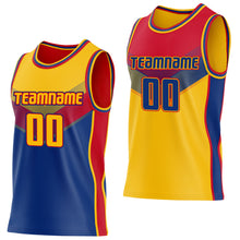 Laden Sie das Bild in den Galerie-Viewer, Custom Gold Royal-Red Side Panel Stripe Geometric V-Cut Color Block Reversible Double Side Sublimation Basketball Set Jersey
