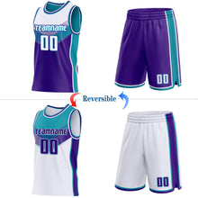 Laden Sie das Bild in den Galerie-Viewer, Custom White Purple-Teal Side Panel Stripe Geometric V-Cut Color Block Reversible Double Side Sublimation Basketball Set Jersey
