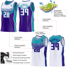 Laden Sie das Bild in den Galerie-Viewer, Custom White Purple-Teal Side Panel Stripe Geometric V-Cut Color Block Reversible Double Side Sublimation Basketball Set Jersey

