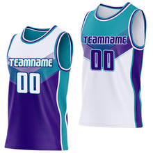 Laden Sie das Bild in den Galerie-Viewer, Custom White Purple-Teal Side Panel Stripe Geometric V-Cut Color Block Reversible Double Side Sublimation Basketball Set Jersey
