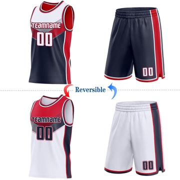 Custom White Navy-Red Side Panel Stripe Geometric V-Cut Color Block Reversible Double Side Sublimation Basketball Set Jersey