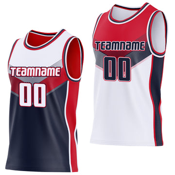 Custom White Navy-Red Side Panel Stripe Geometric V-Cut Color Block Reversible Double Side Sublimation Basketball Set Jersey