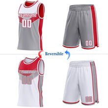 Laden Sie das Bild in den Galerie-Viewer, Custom White Gray-Red Side Panel Stripe Geometric V-Cut Color Block Reversible Double Side Sublimation Basketball Set Jersey
