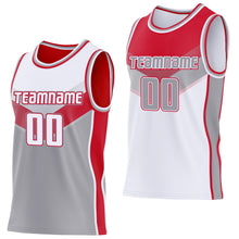 Laden Sie das Bild in den Galerie-Viewer, Custom White Gray-Red Side Panel Stripe Geometric V-Cut Color Block Reversible Double Side Sublimation Basketball Set Jersey
