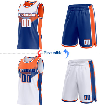 Custom White Royal-Orange Side Panel Stripe Geometric V-Cut Color Block Reversible Double Side Sublimation Basketball Set Jersey