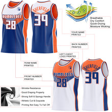 Laden Sie das Bild in den Galerie-Viewer, Custom White Royal-Orange Side Panel Stripe Geometric V-Cut Color Block Reversible Double Side Sublimation Basketball Set Jersey
