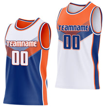 Laden Sie das Bild in den Galerie-Viewer, Custom White Royal-Orange Side Panel Stripe Geometric V-Cut Color Block Reversible Double Side Sublimation Basketball Set Jersey
