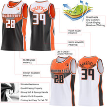 Laden Sie das Bild in den Galerie-Viewer, Custom White Black-Orange Side Panel Stripe Geometric V-Cut Color Block Reversible Double Side Sublimation Basketball Set Jersey
