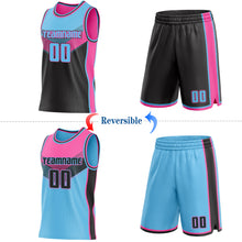 Charger l'image dans la galerie, Custom Sky Blue Black-Pink Side Panel Stripe Geometric V-Cut Color Block Reversible Double Side Sublimation Basketball Set Jersey
