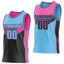 Charger l'image dans la galerie, Custom Sky Blue Black-Pink Side Panel Stripe Geometric V-Cut Color Block Reversible Double Side Sublimation Basketball Set Jersey
