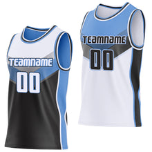 Load image into Gallery viewer, Custom White Black-Light Blue Side Panel Stripe Geometric V-Cut Color Block Reversible Double Side Sublimation Basketball Set Jersey
