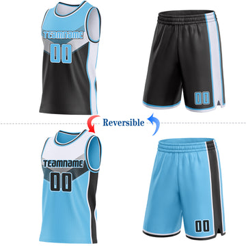 Custom Sky Blue Black-White Side Panel Stripe Geometric V-Cut Color Block Reversible Double Side Sublimation Basketball Set Jersey