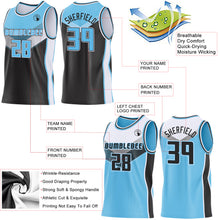 Загрузить изображение в средство просмотра галереи, Custom Sky Blue Black-White Side Panel Stripe Geometric V-Cut Color Block Reversible Double Side Sublimation Basketball Set Jersey
