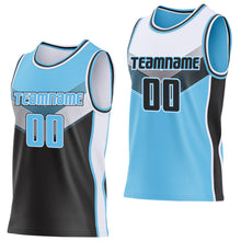 Загрузить изображение в средство просмотра галереи, Custom Sky Blue Black-White Side Panel Stripe Geometric V-Cut Color Block Reversible Double Side Sublimation Basketball Set Jersey
