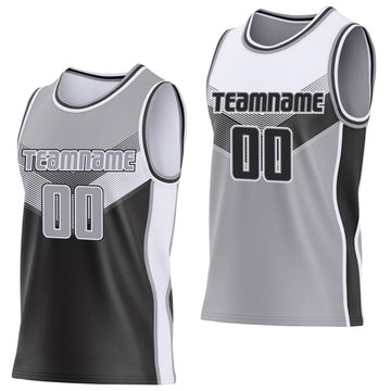 Custom Gray Black-White Side Panel Stripe Geometric V-Cut Color Block Reversible Double Side Sublimation Basketball Set Jersey