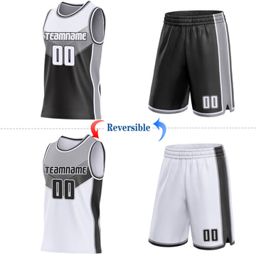 Custom White Black-Gray Side Panel Stripe Geometric V-Cut Color Block Reversible Double Side Sublimation Basketball Set Jersey