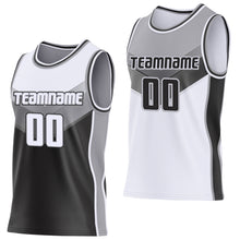 Laden Sie das Bild in den Galerie-Viewer, Custom White Black-Gray Side Panel Stripe Geometric V-Cut Color Block Reversible Double Side Sublimation Basketball Set Jersey
