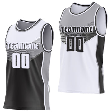 Custom White Black-Gray Side Panel Stripe Geometric V-Cut Color Block Reversible Double Side Sublimation Basketball Set Jersey