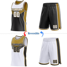 Charger l'image dans la galerie, Custom White Black-Old Gold Side Panel Stripe Geometric V-Cut Color Block Reversible Double Side Sublimation Basketball Set Jersey
