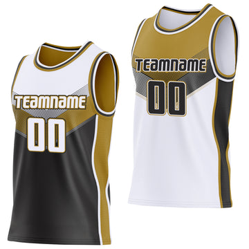 Custom White Black-Old Gold Side Panel Stripe Geometric V-Cut Color Block Reversible Double Side Sublimation Basketball Set Jersey