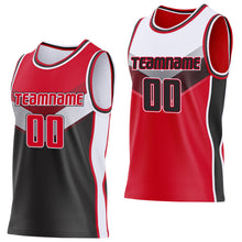 Laden Sie das Bild in den Galerie-Viewer, Custom Red Black-White Side Panel Stripe Geometric V-Cut Color Block Reversible Double Side Sublimation Basketball Set Jersey

