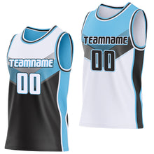 Charger l'image dans la galerie, Custom White Black-Sky Blue Side Panel Stripe Geometric V-Cut Color Block Reversible Double Side Sublimation Basketball Set Jersey
