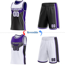 Load image into Gallery viewer, Custom White Black-Purple Side Panel Stripe Geometric V-Cut Color Block Reversible Double Side Sublimation Basketball Set Jersey
