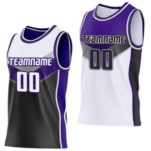 Load image into Gallery viewer, Custom White Black-Purple Side Panel Stripe Geometric V-Cut Color Block Reversible Double Side Sublimation Basketball Set Jersey

