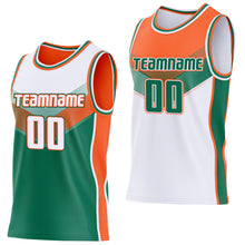 Charger l'image dans la galerie, Custom White Kelly Green-Orange Side Panel Stripe Geometric V-Cut Color Block Reversible Double Side Sublimation Basketball Set Jersey
