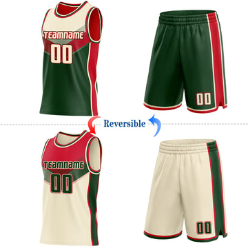 Custom Cream Green-Red Side Panel Stripe Geometric V-Cut Color Block Reversible Double Side Sublimation Basketball Set Jersey