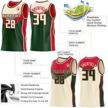 Laden Sie das Bild in den Galerie-Viewer, Custom Cream Green-Red Side Panel Stripe Geometric V-Cut Color Block Reversible Double Side Sublimation Basketball Set Jersey
