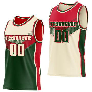 Custom Cream Green-Red Side Panel Stripe Geometric V-Cut Color Block Reversible Double Side Sublimation Basketball Set Jersey