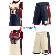 Charger l'image dans la galerie, Custom Cream Navy-Maroon Side Panel Stripe Geometric V-Cut Color Block Reversible Double Side Sublimation Basketball Set Jersey
