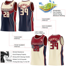 Charger l'image dans la galerie, Custom Cream Navy-Maroon Side Panel Stripe Geometric V-Cut Color Block Reversible Double Side Sublimation Basketball Set Jersey
