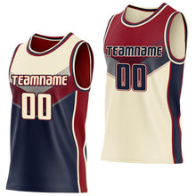 Charger l'image dans la galerie, Custom Cream Navy-Maroon Side Panel Stripe Geometric V-Cut Color Block Reversible Double Side Sublimation Basketball Set Jersey
