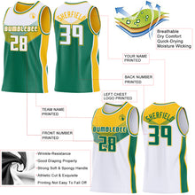 Charger l'image dans la galerie, Custom White Kelly Green-Gold Side Panel Stripe Geometric V-Cut Color Block Reversible Double Side Sublimation Basketball Set Jersey
